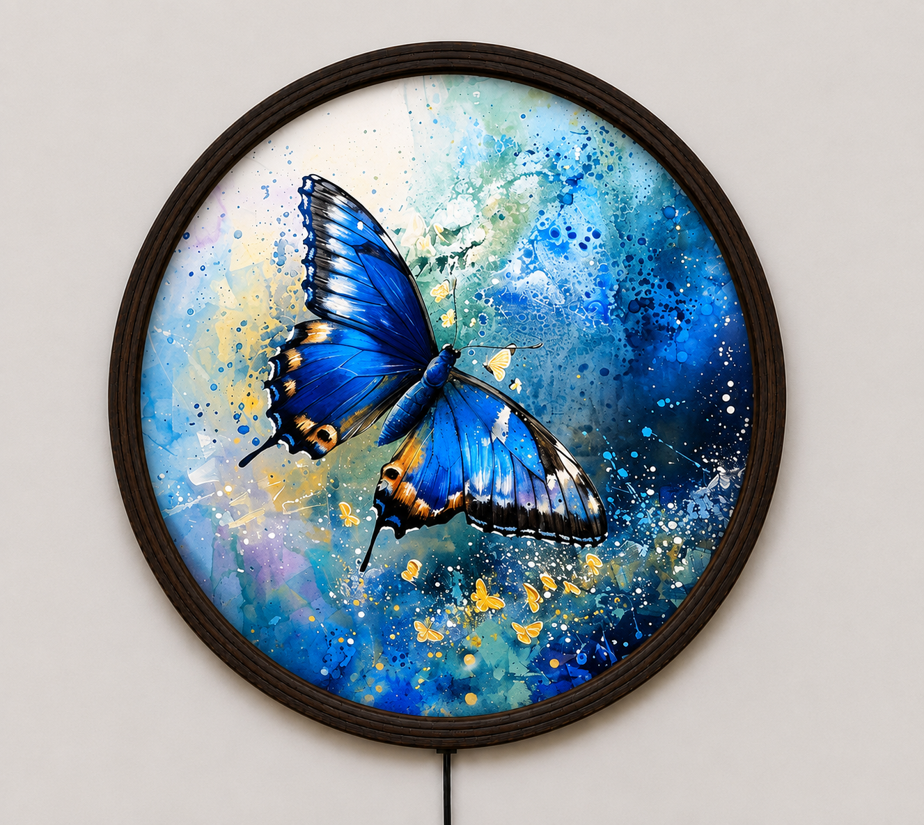 Blue Butterfly LED Wall Art – Round Lighted Wall Decor with Wooden Frame | Modern Home Decor