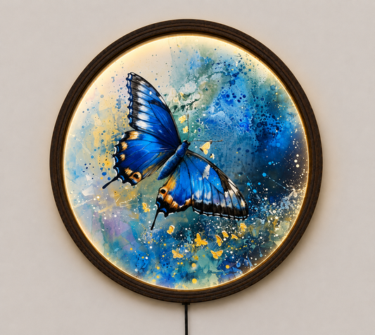 Blue Butterfly LED Wall Art – Round Lighted Wall Decor with Wooden Frame | Modern Home Decor