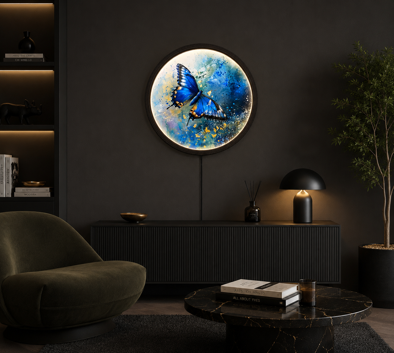 Blue Butterfly LED Wall Art – Round Lighted Wall Decor with Wooden Frame | Modern Home Decor