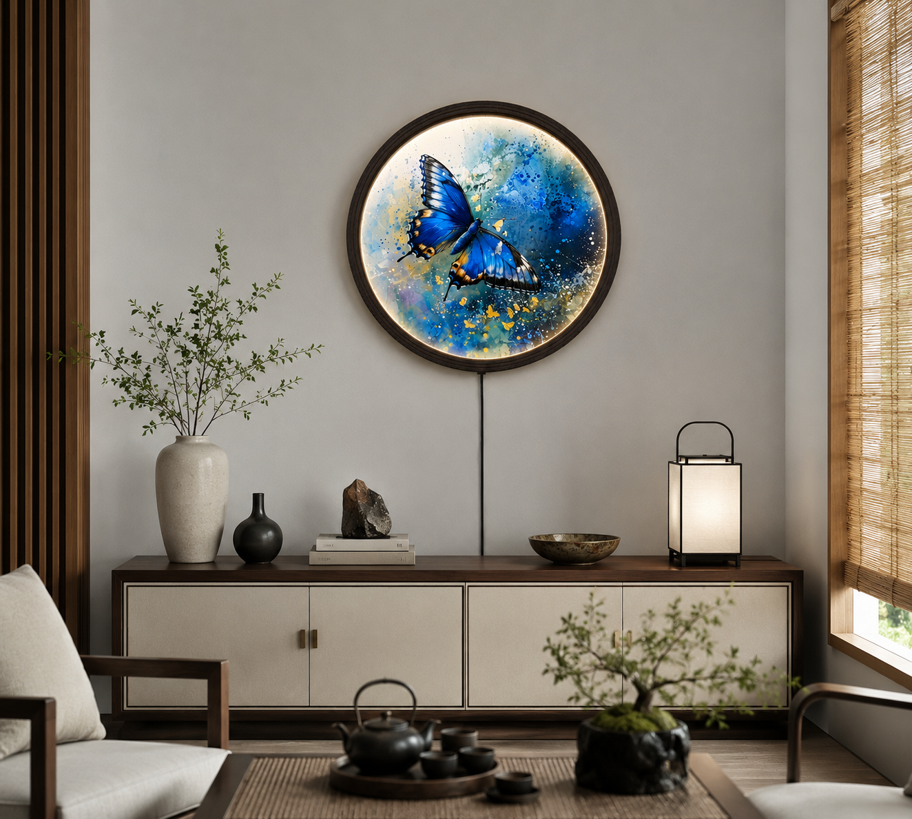 Blue Butterfly LED Wall Art – Round Lighted Wall Decor with Wooden Frame | Modern Home Decor
