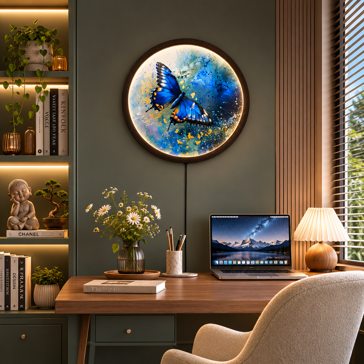 Blue Butterfly LED Wall Art – Round Lighted Wall Decor with Wooden Frame | Modern Home Decor