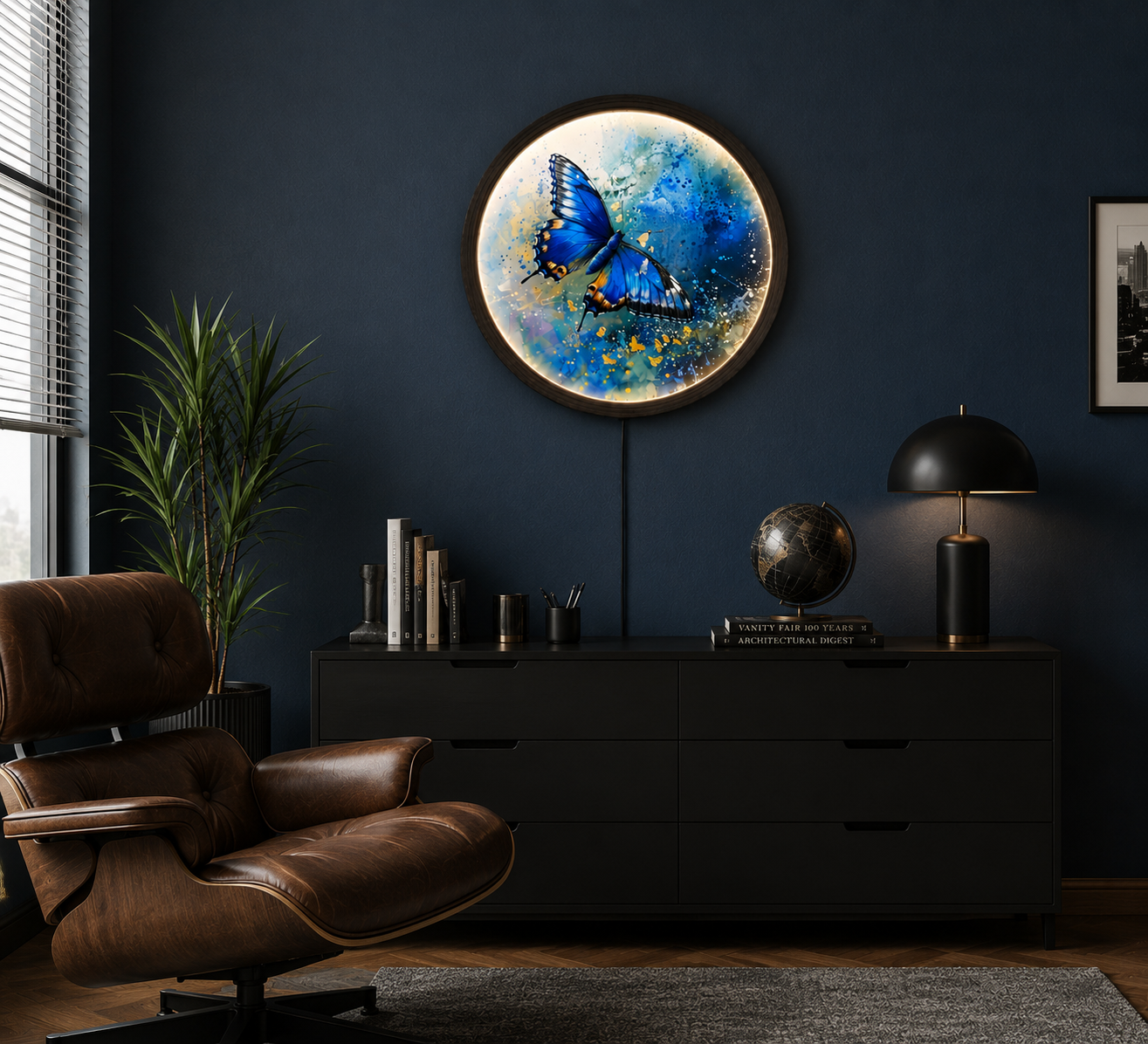 Blue Butterfly LED Wall Art – Round Lighted Wall Decor with Wooden Frame | Modern Home Decor