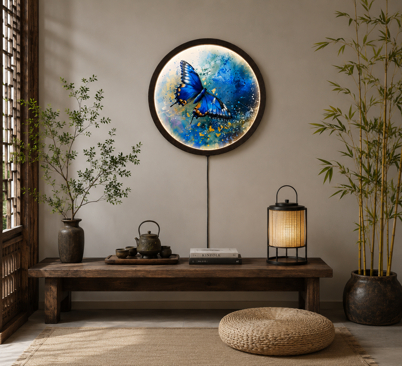 Blue Butterfly LED Wall Art – Round Lighted Wall Decor with Wooden Frame | Modern Home Decor