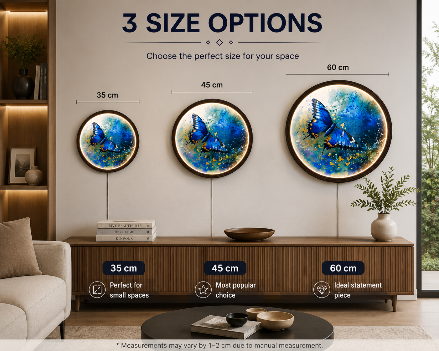 Blue Butterfly LED Wall Art – Round Lighted Wall Decor with Wooden Frame | Modern Home Decor