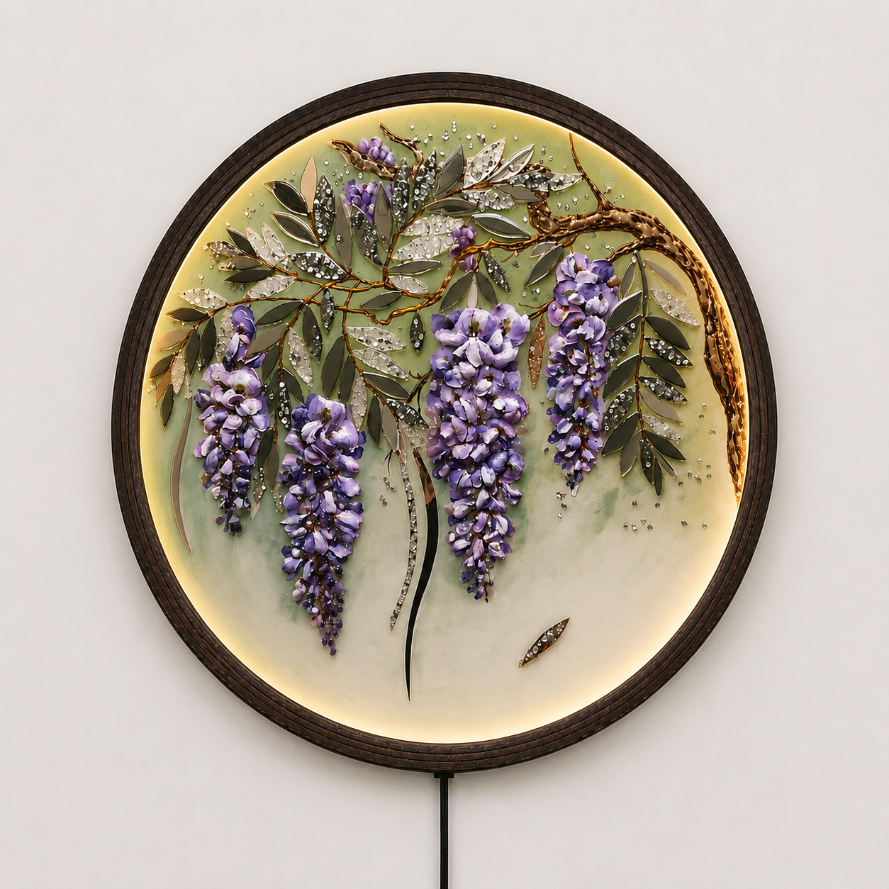 Round LED Wisteria Wall Art – Illuminated Floral Wooden Frame Decor | Modern Home Decor Gift