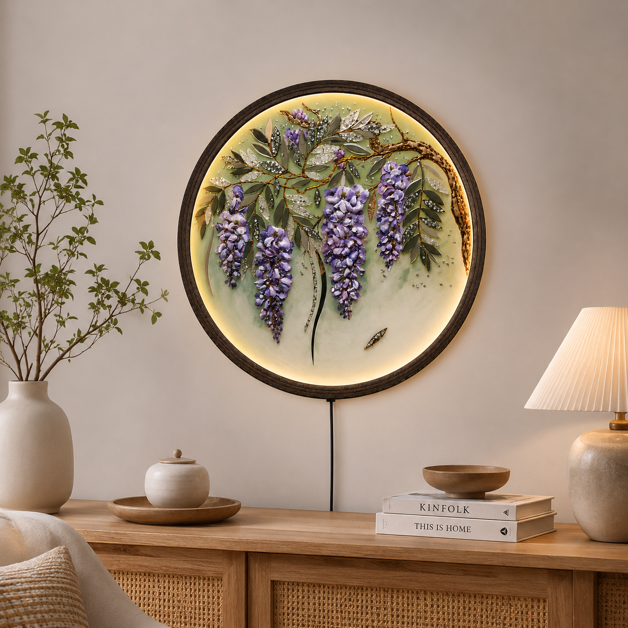 Round LED Wisteria Wall Art – Illuminated Floral Wooden Frame Decor | Modern Home Decor Gift