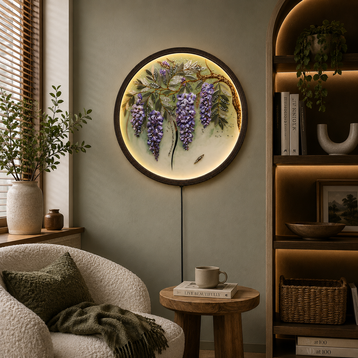 Round LED Wisteria Wall Art – Illuminated Floral Wooden Frame Decor | Modern Home Decor Gift