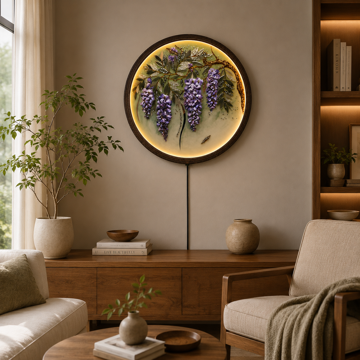 Round LED Wisteria Wall Art – Illuminated Floral Wooden Frame Decor | Modern Home Decor Gift