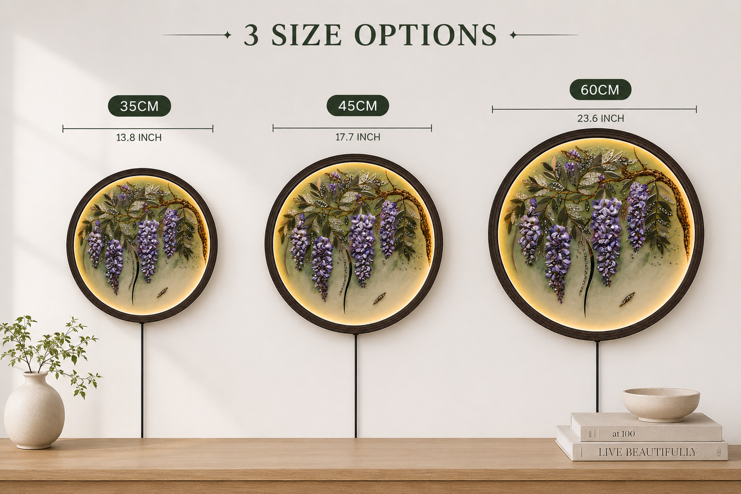Round LED Wisteria Wall Art – Illuminated Floral Wooden Frame Decor | Modern Home Decor Gift