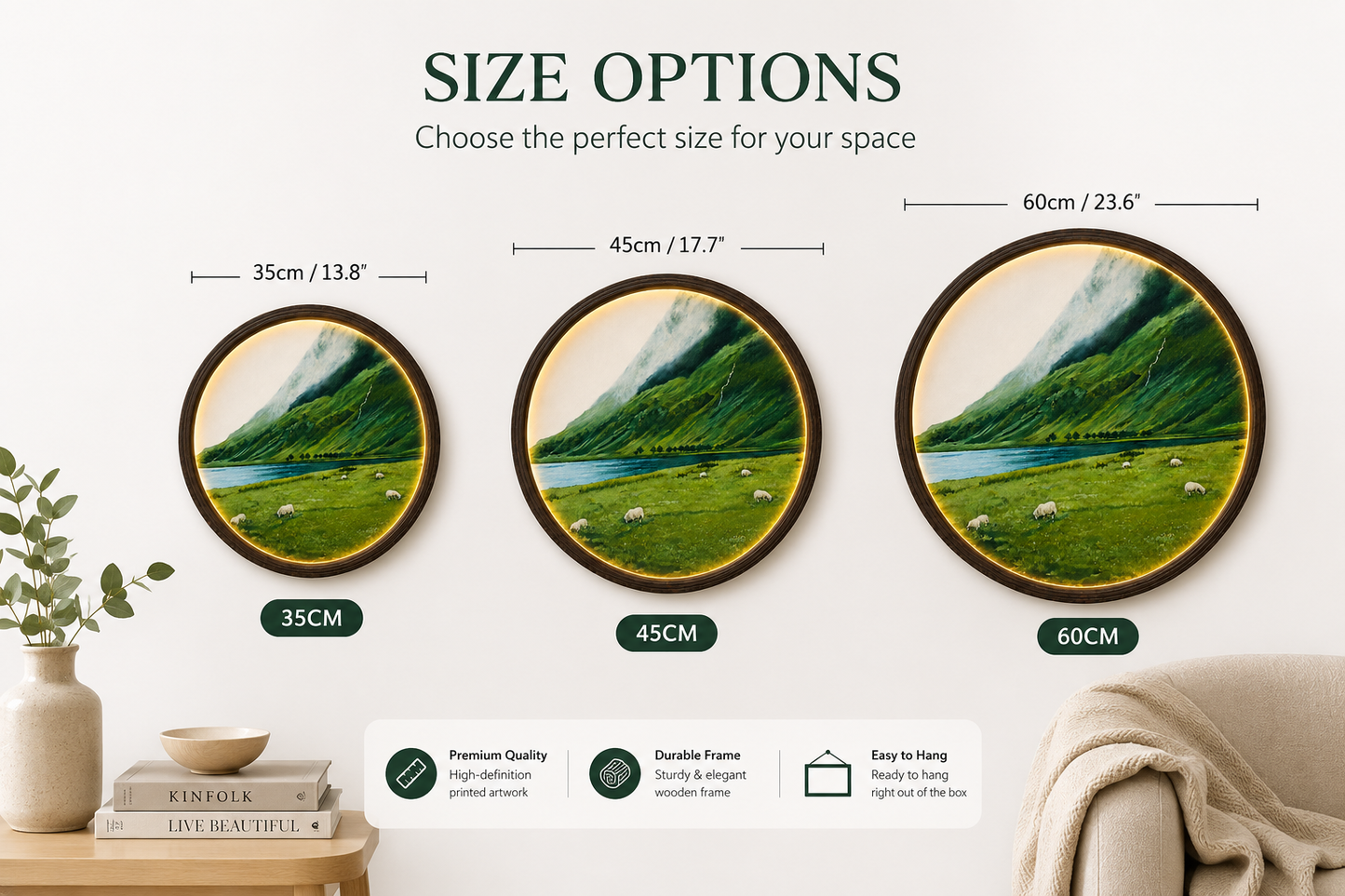 Round LED Mountain Landscape Wall Art – Premium Wooden Frame Nature Home Decor