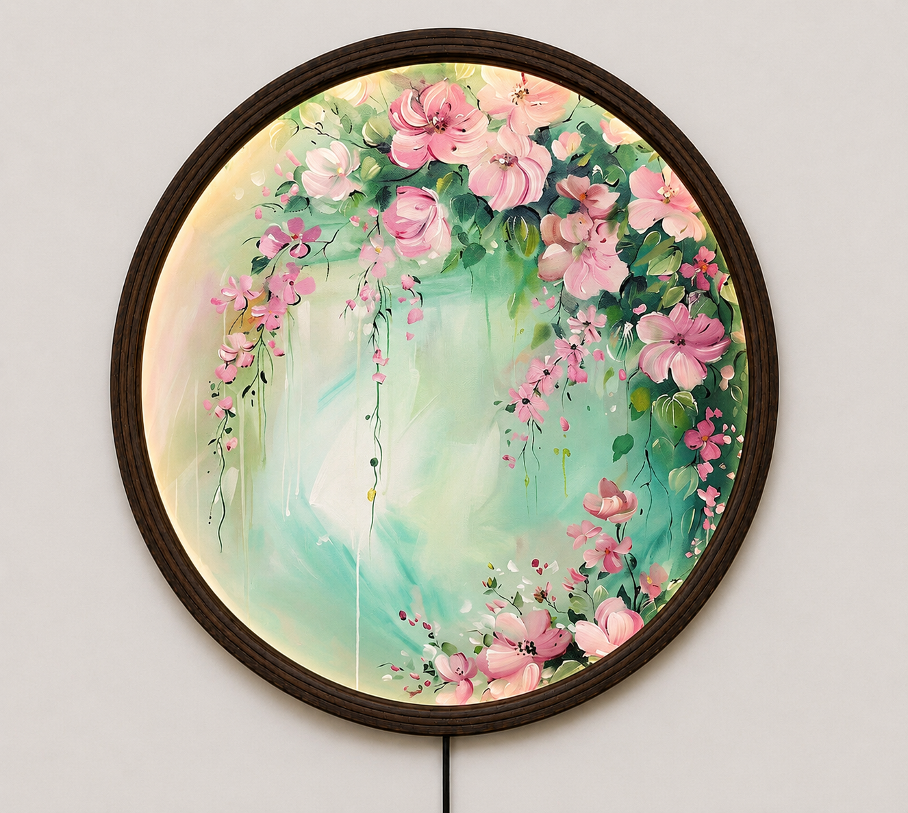 Round LED Pink Floral Wall Art – Modern Botanical Lighted Wall Decor