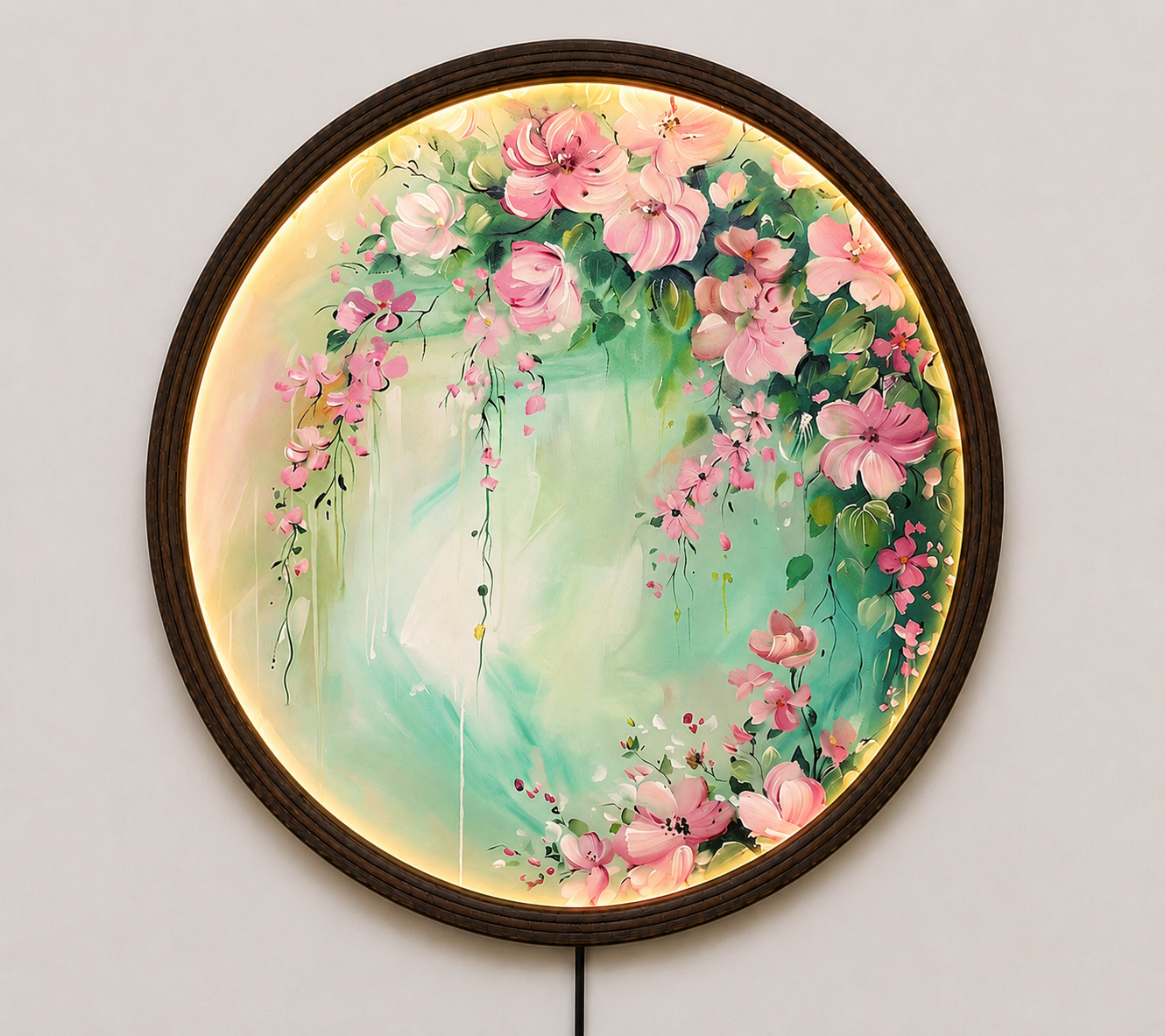 Round LED Pink Floral Wall Art – Modern Botanical Lighted Wall Decor