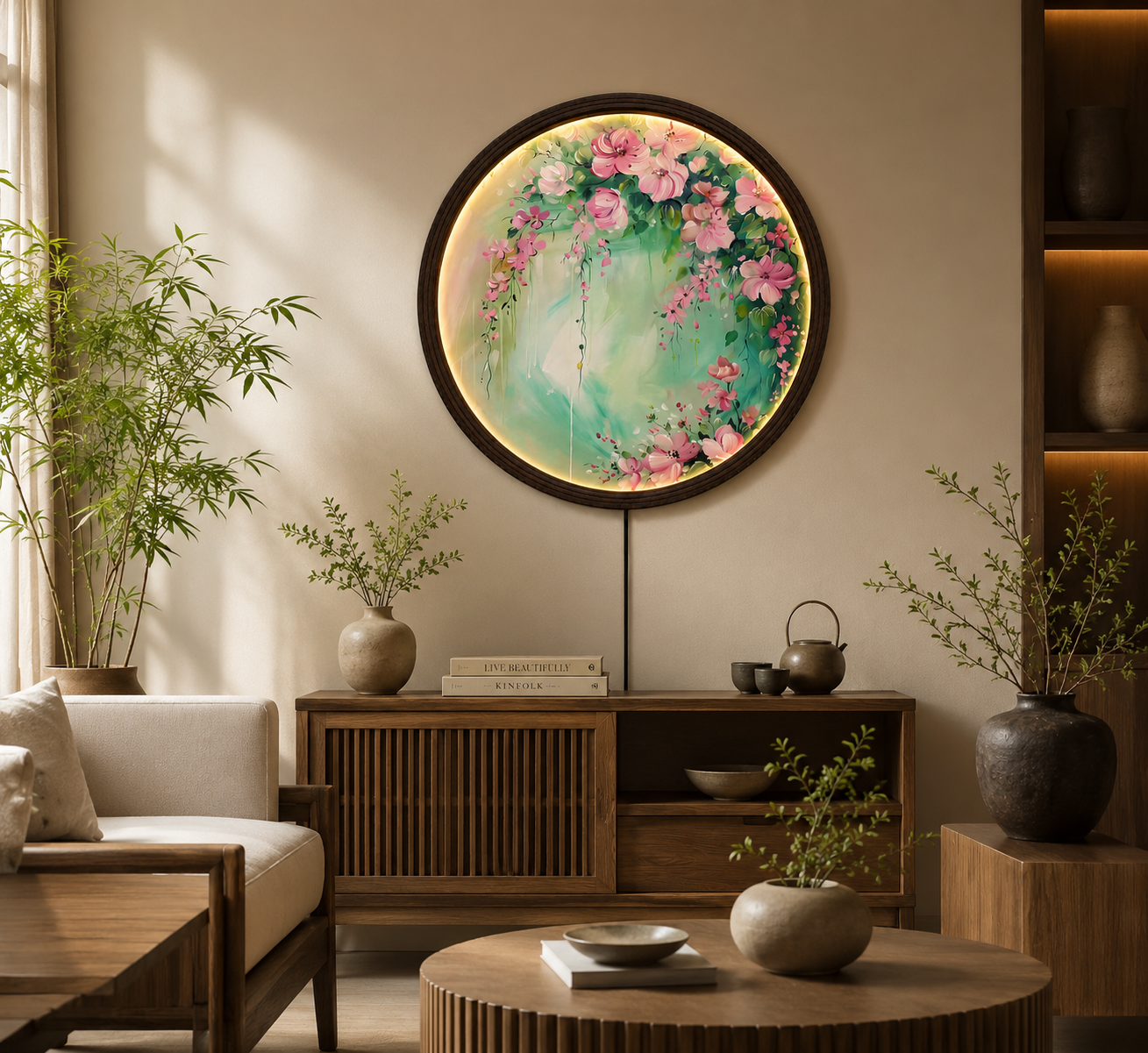 Round LED Pink Floral Wall Art – Modern Botanical Lighted Wall Decor