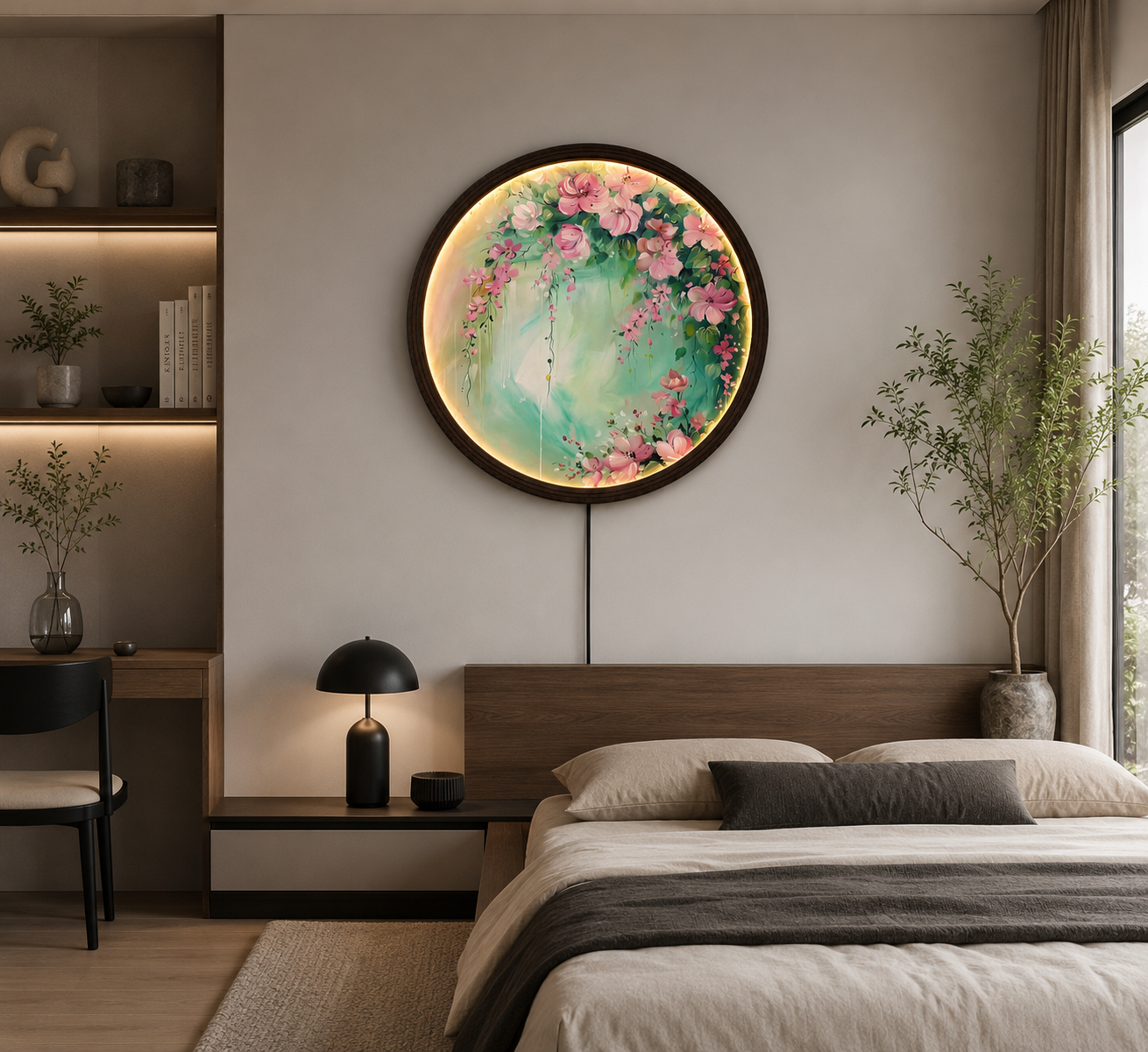 Round LED Pink Floral Wall Art – Modern Botanical Lighted Wall Decor