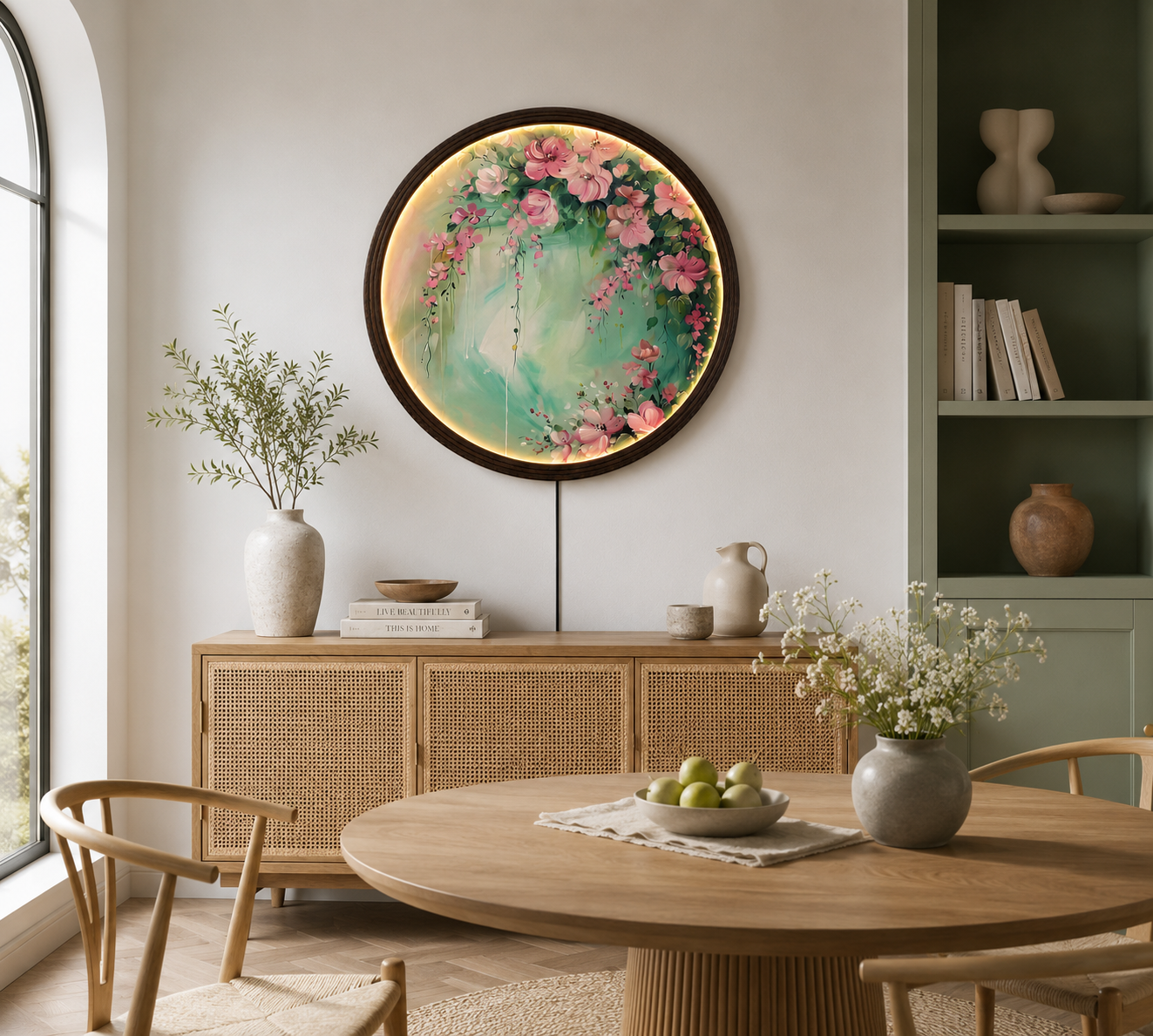 Round LED Pink Floral Wall Art – Modern Botanical Lighted Wall Decor