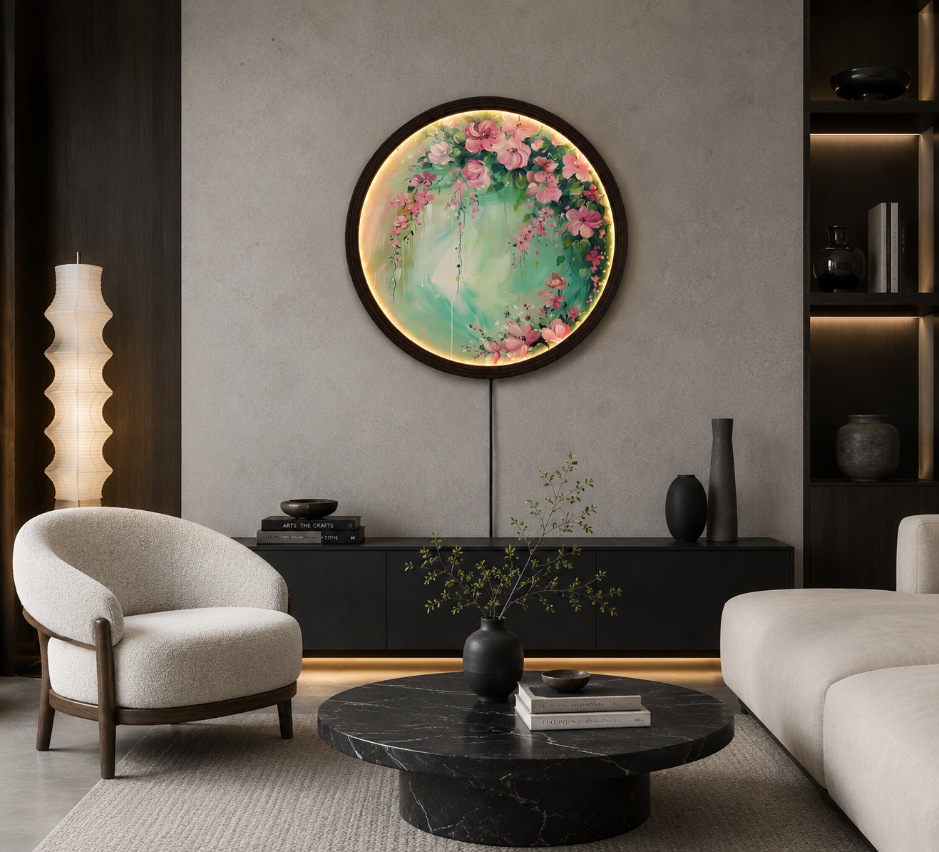 Round LED Pink Floral Wall Art – Modern Botanical Lighted Wall Decor