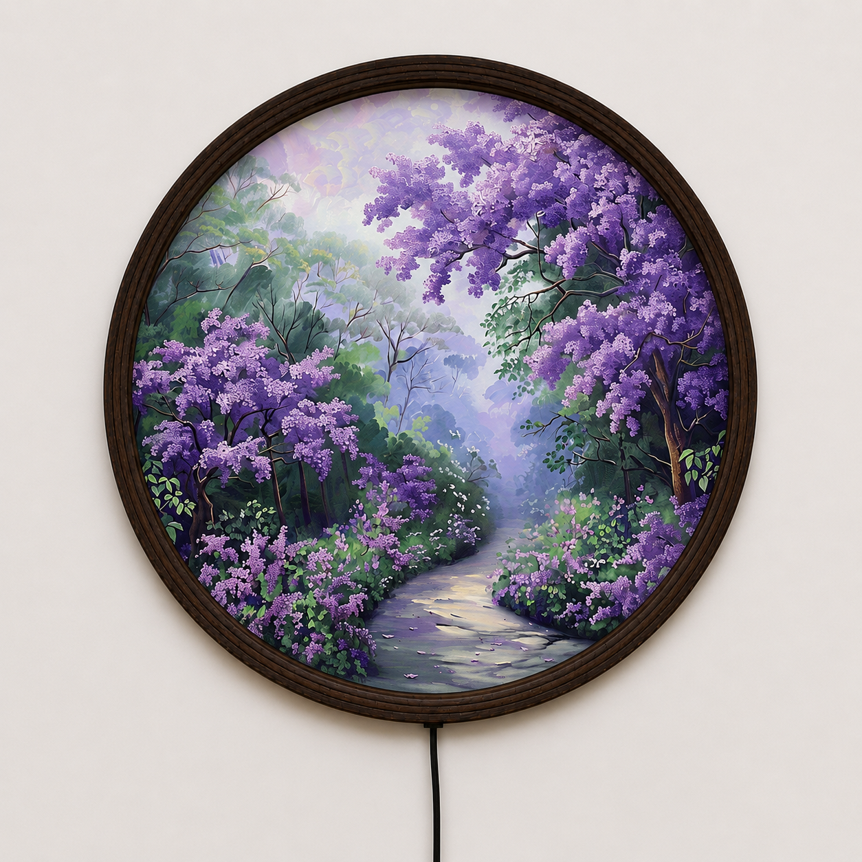 Purple Blossom Forest LED Round Wall Art – Illuminated Nature Wall Decor with Wooden Frame