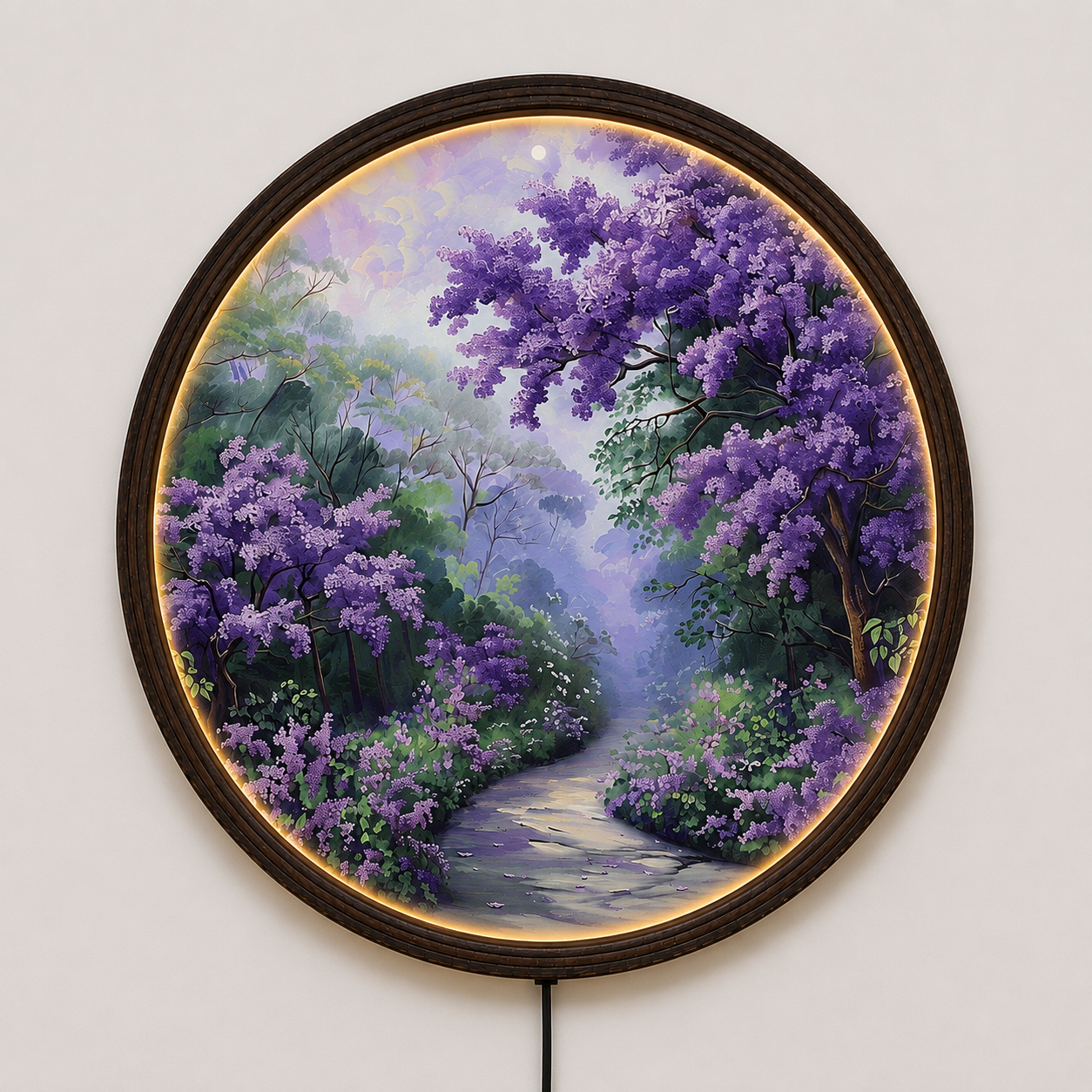 Purple Blossom Forest LED Round Wall Art – Illuminated Nature Wall Decor with Wooden Frame