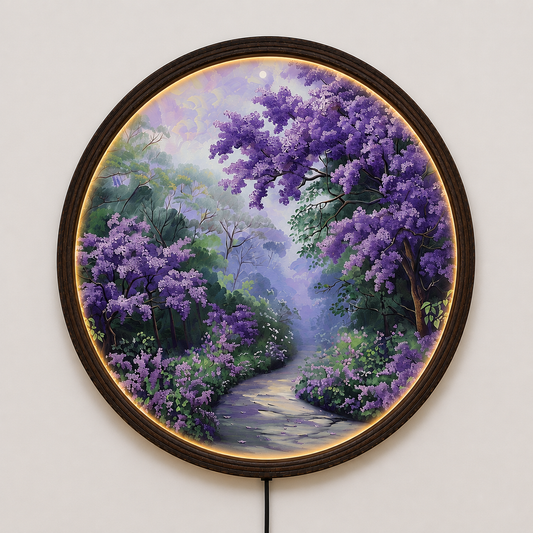 Purple Blossom Forest LED Round Wall Art – Illuminated Nature Wall Decor with Wooden Frame