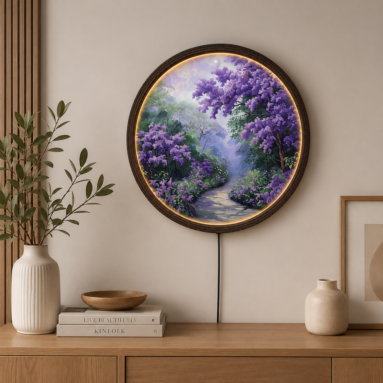 Purple Blossom Forest LED Round Wall Art – Illuminated Nature Wall Decor with Wooden Frame