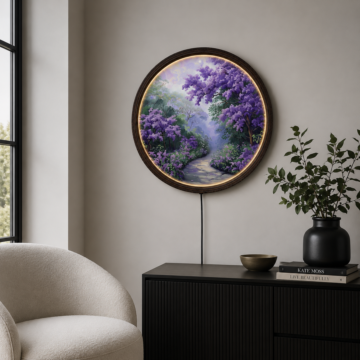 Purple Blossom Forest LED Round Wall Art – Illuminated Nature Wall Decor with Wooden Frame