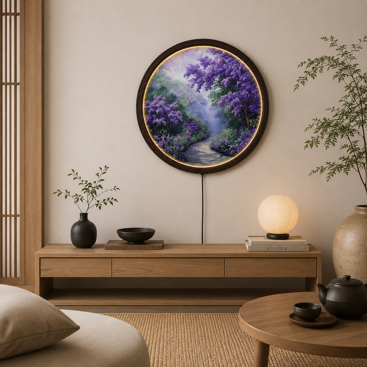 Purple Blossom Forest LED Round Wall Art – Illuminated Nature Wall Decor with Wooden Frame