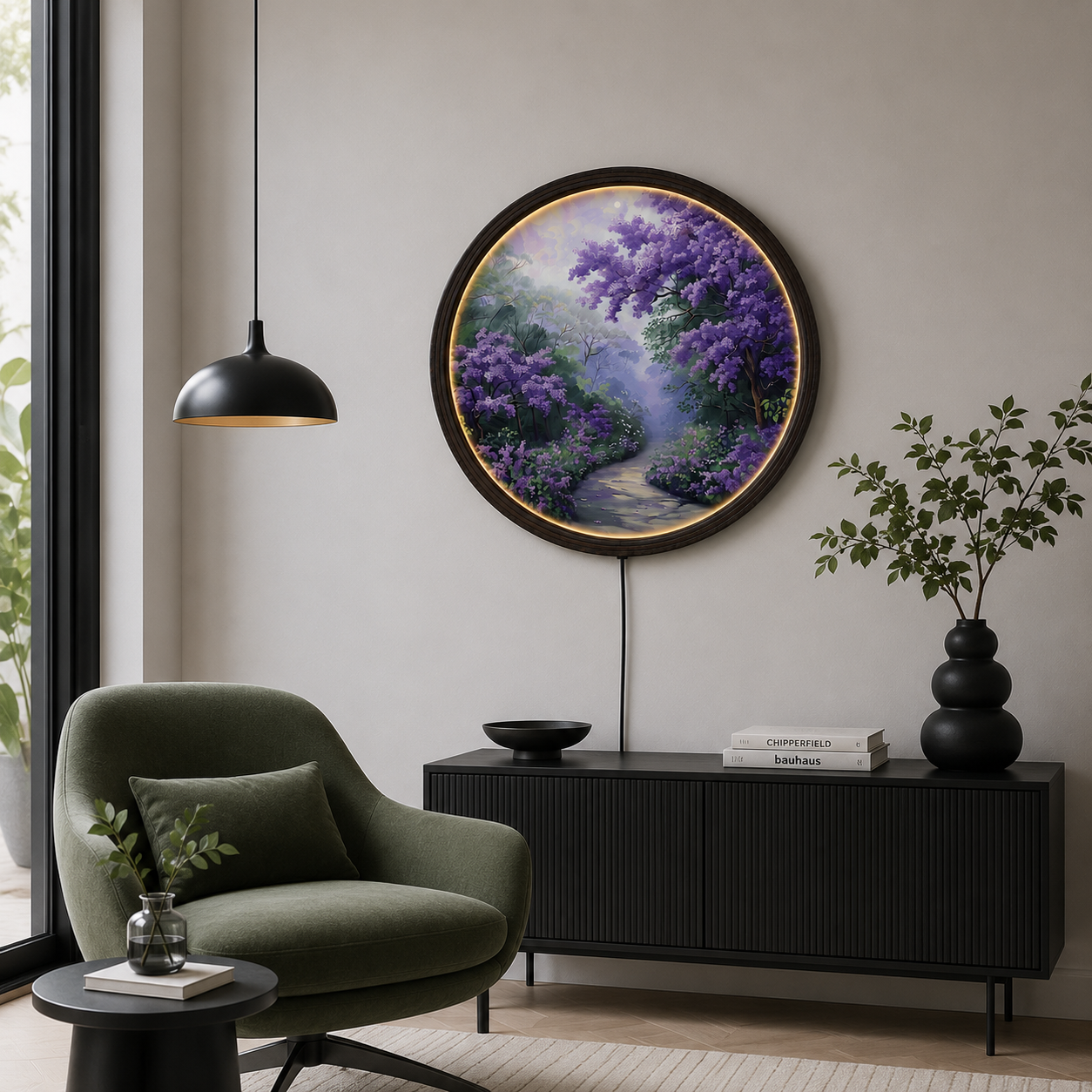 Purple Blossom Forest LED Round Wall Art – Illuminated Nature Wall Decor with Wooden Frame