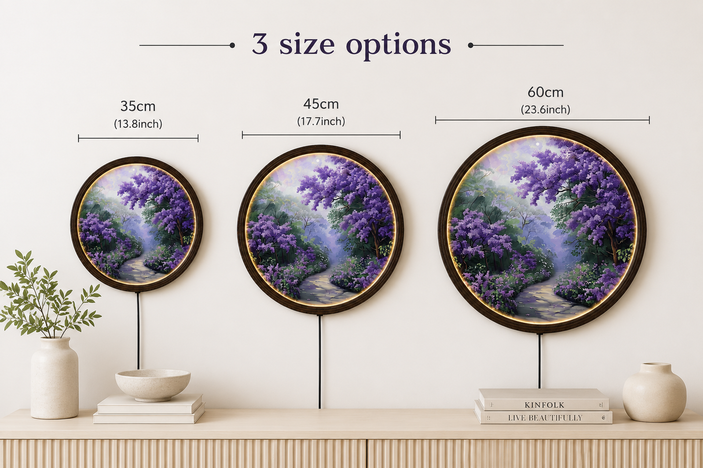 Purple Blossom Forest LED Round Wall Art – Illuminated Nature Wall Decor with Wooden Frame