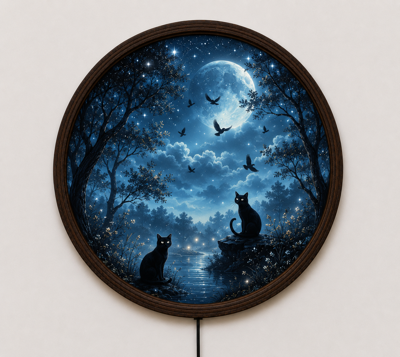 Moonlit Black Cat LED Round Wall Art – Illuminated Wooden Frame Home Decor