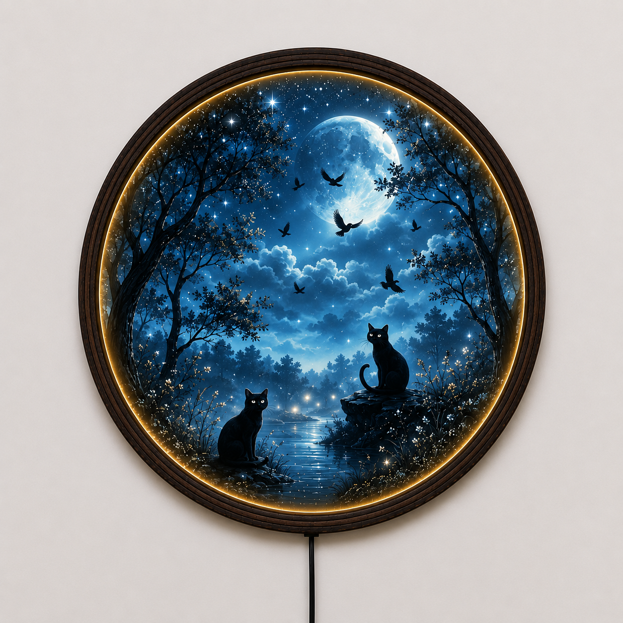 Moonlit Black Cat LED Round Wall Art – Illuminated Wooden Frame Home Decor