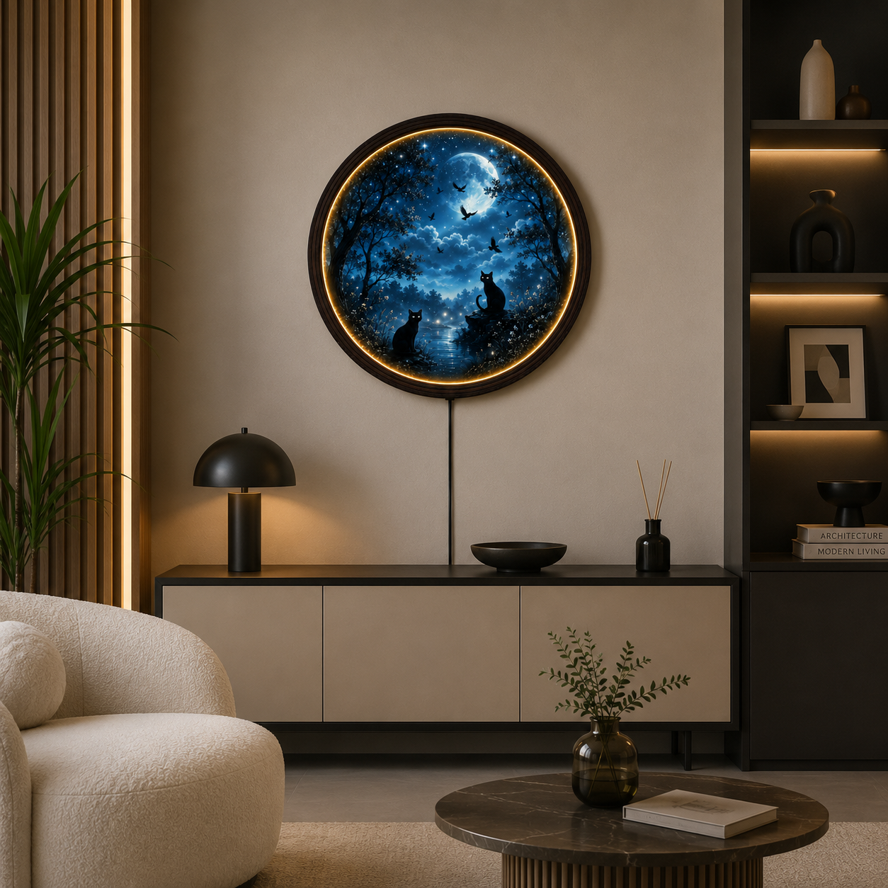 Moonlit Black Cat LED Round Wall Art – Illuminated Wooden Frame Home Decor