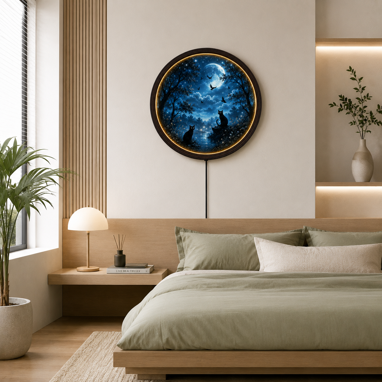 Moonlit Black Cat LED Round Wall Art – Illuminated Wooden Frame Home Decor