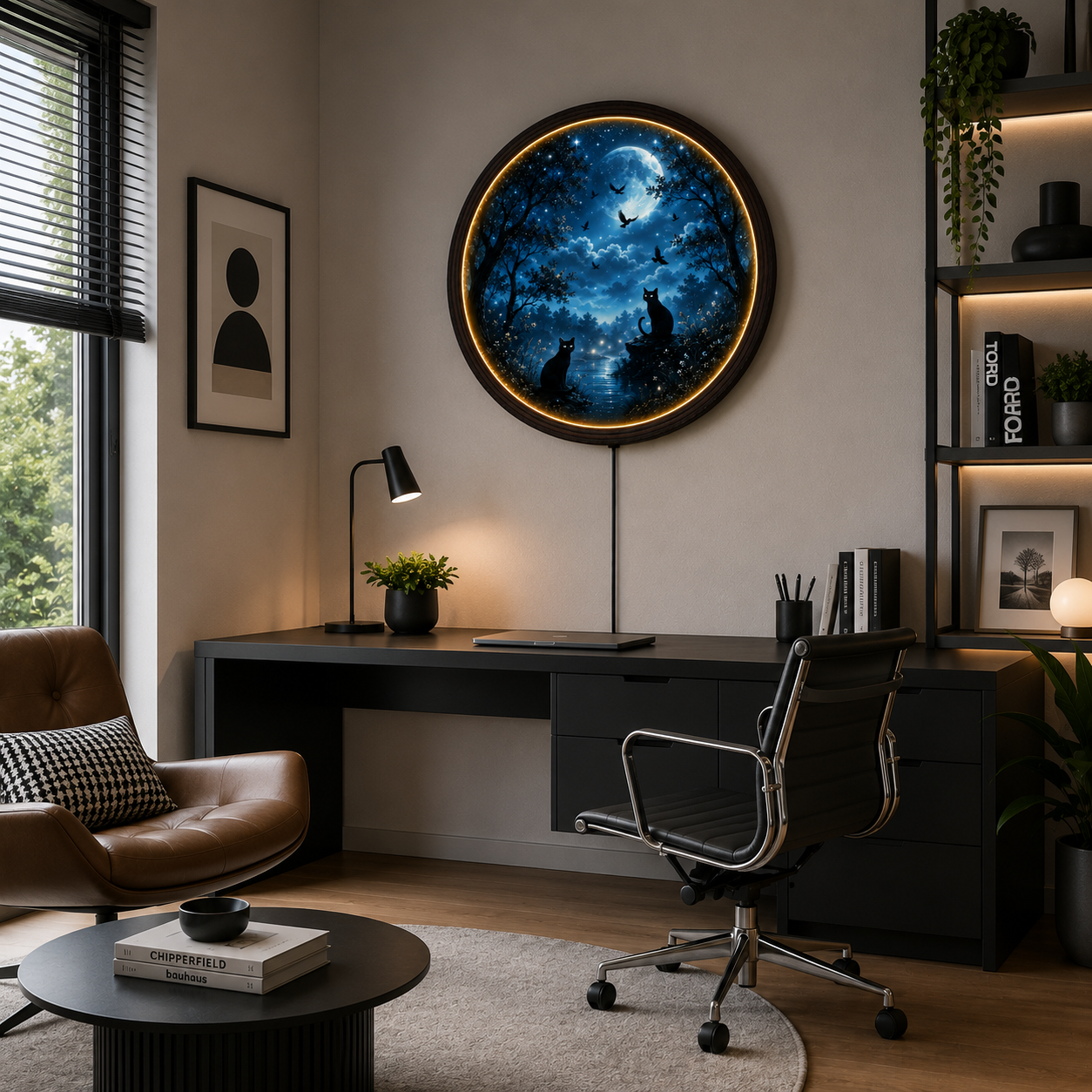 Moonlit Black Cat LED Round Wall Art – Illuminated Wooden Frame Home Decor