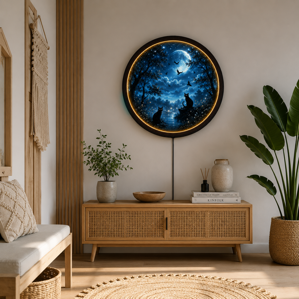 Moonlit Black Cat LED Round Wall Art – Illuminated Wooden Frame Home Decor