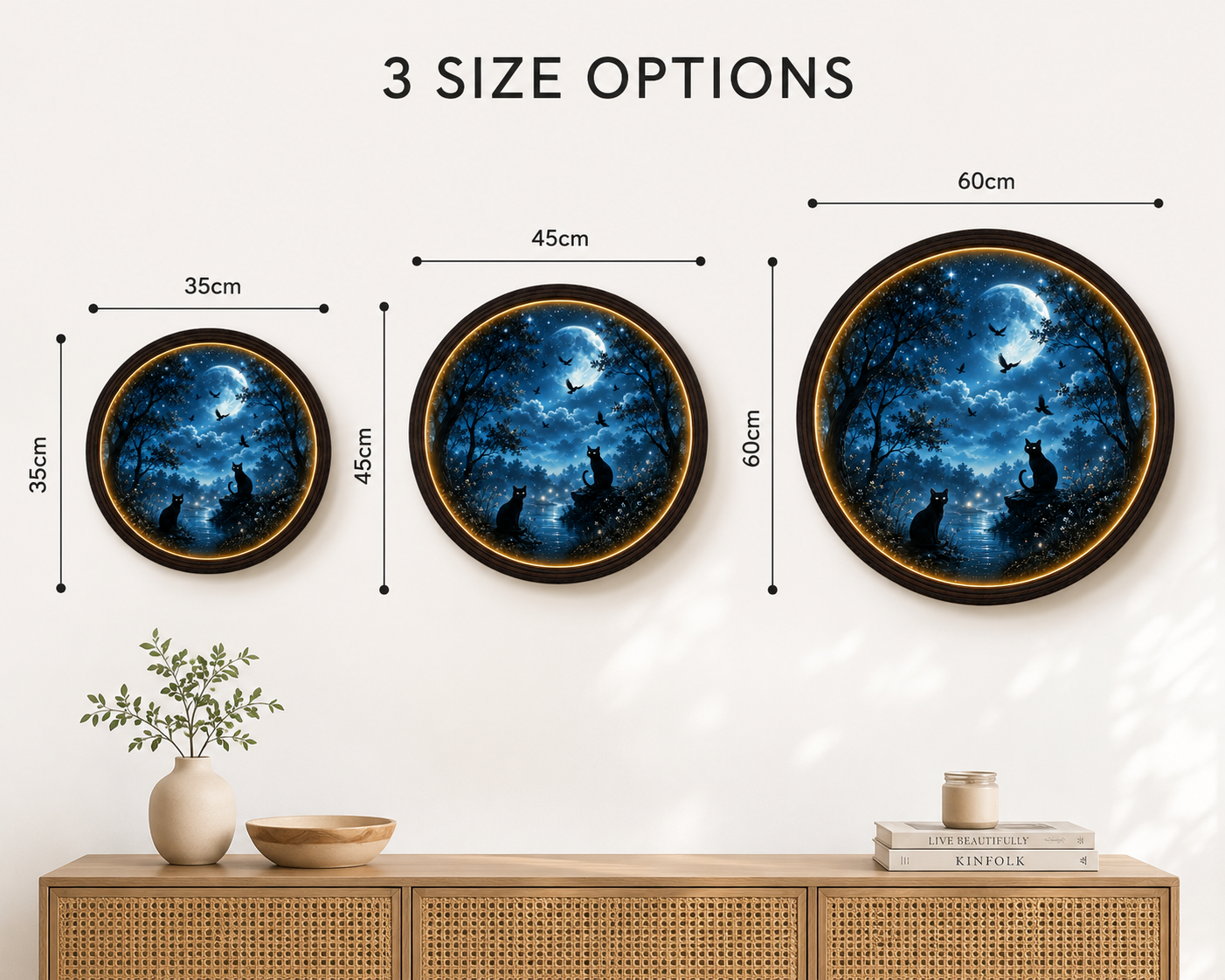 Moonlit Black Cat LED Round Wall Art – Illuminated Wooden Frame Home Decor