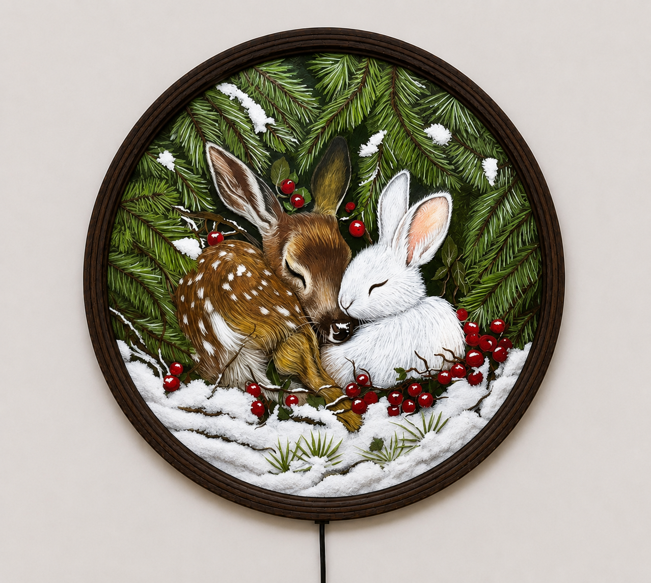 Woodland Deer & Bunny LED Round Wall Art – Rustic Forest Home Decor