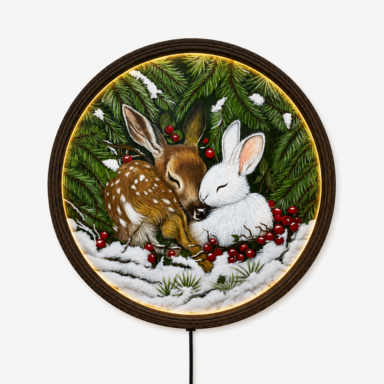 Woodland Deer & Bunny LED Round Wall Art – Rustic Forest Home Decor