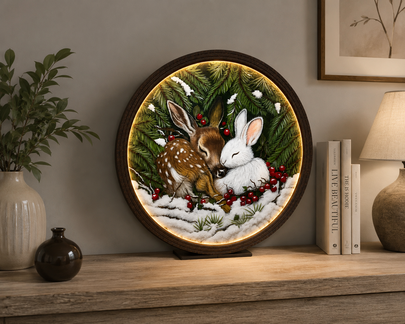 Woodland Deer & Bunny LED Round Wall Art – Rustic Forest Home Decor