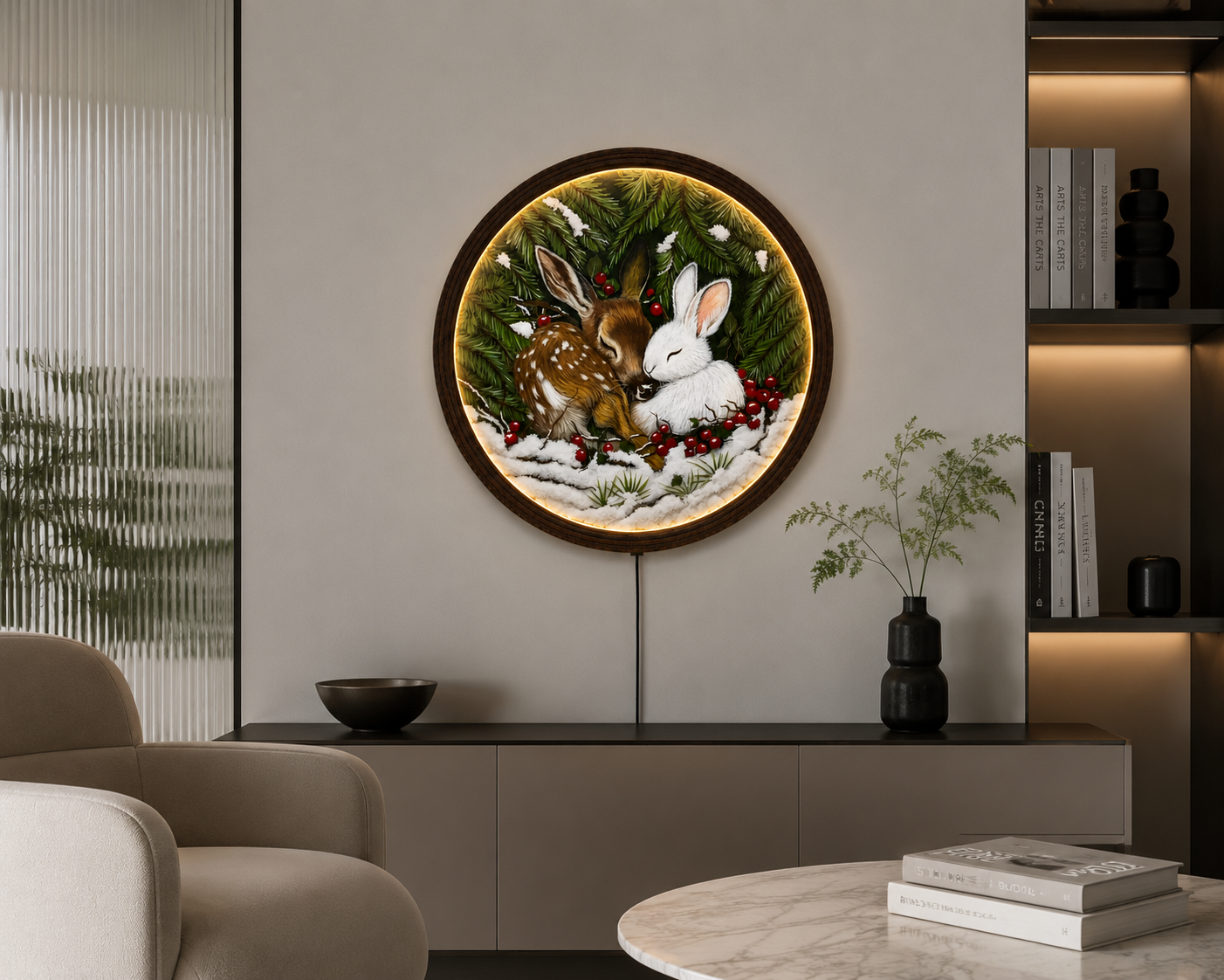 Woodland Deer & Bunny LED Round Wall Art – Rustic Forest Home Decor