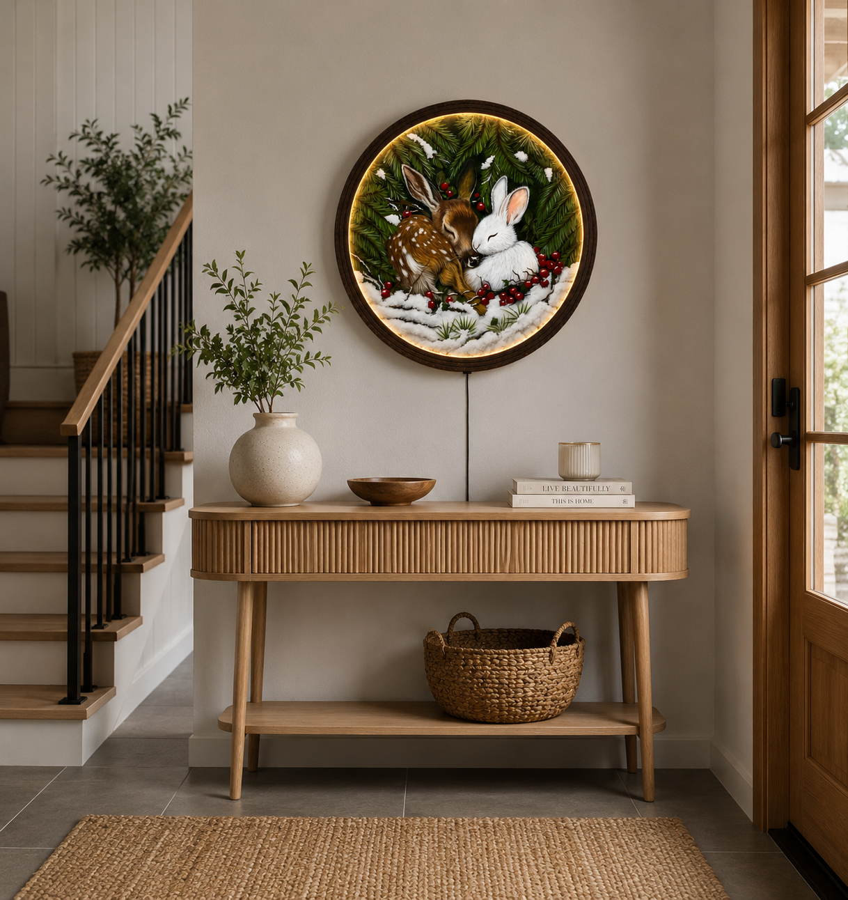 Woodland Deer & Bunny LED Round Wall Art – Rustic Forest Home Decor