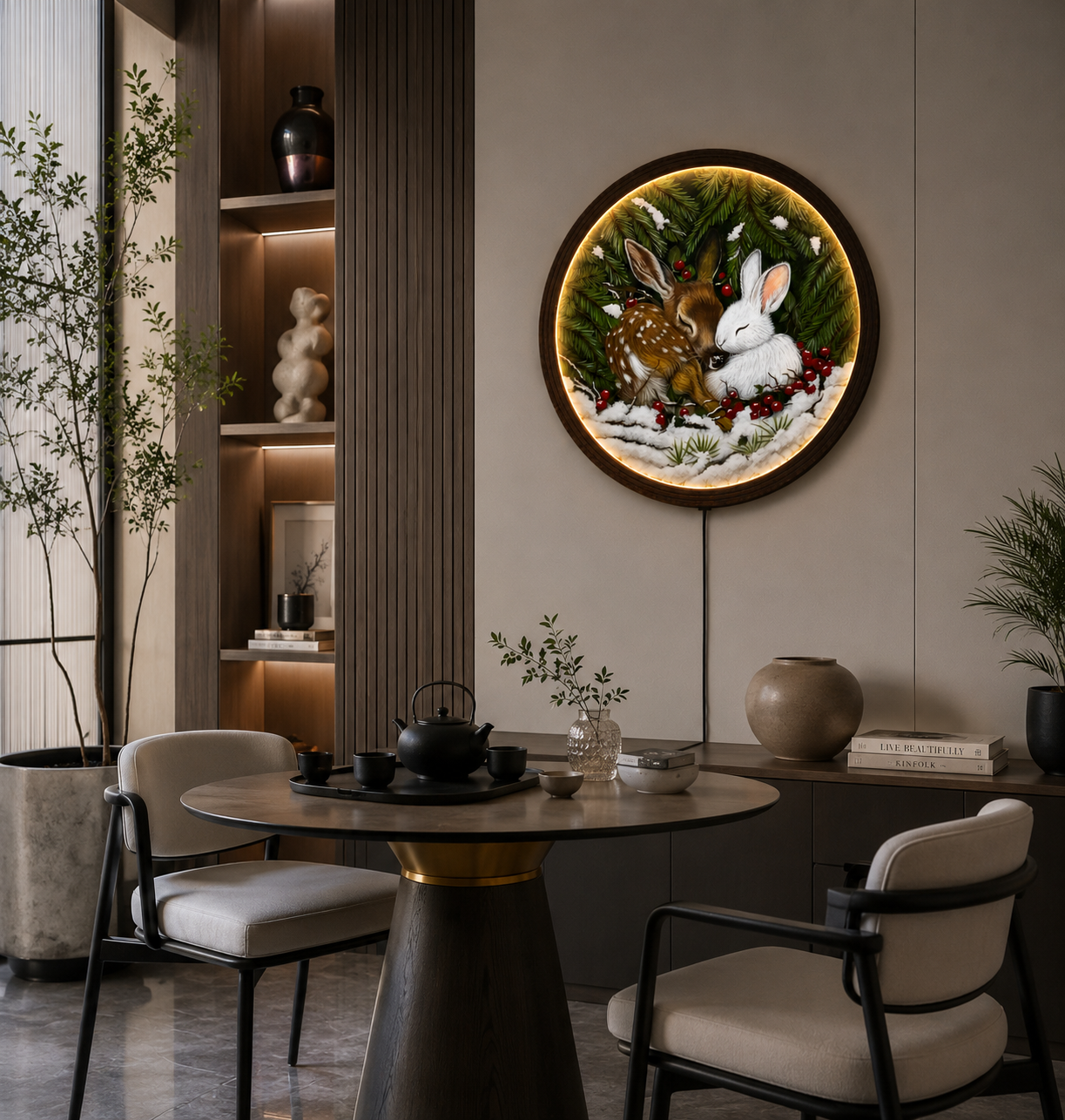 Woodland Deer & Bunny LED Round Wall Art – Rustic Forest Home Decor