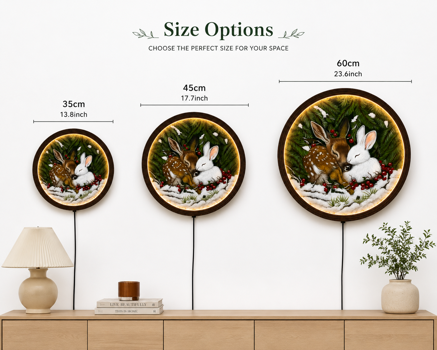 Woodland Deer & Bunny LED Round Wall Art – Rustic Forest Home Decor