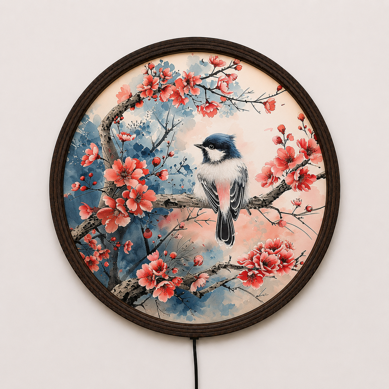 Japanese Sakura Bird LED Wall Art – Round Cherry Blossom Lighted Home Decor