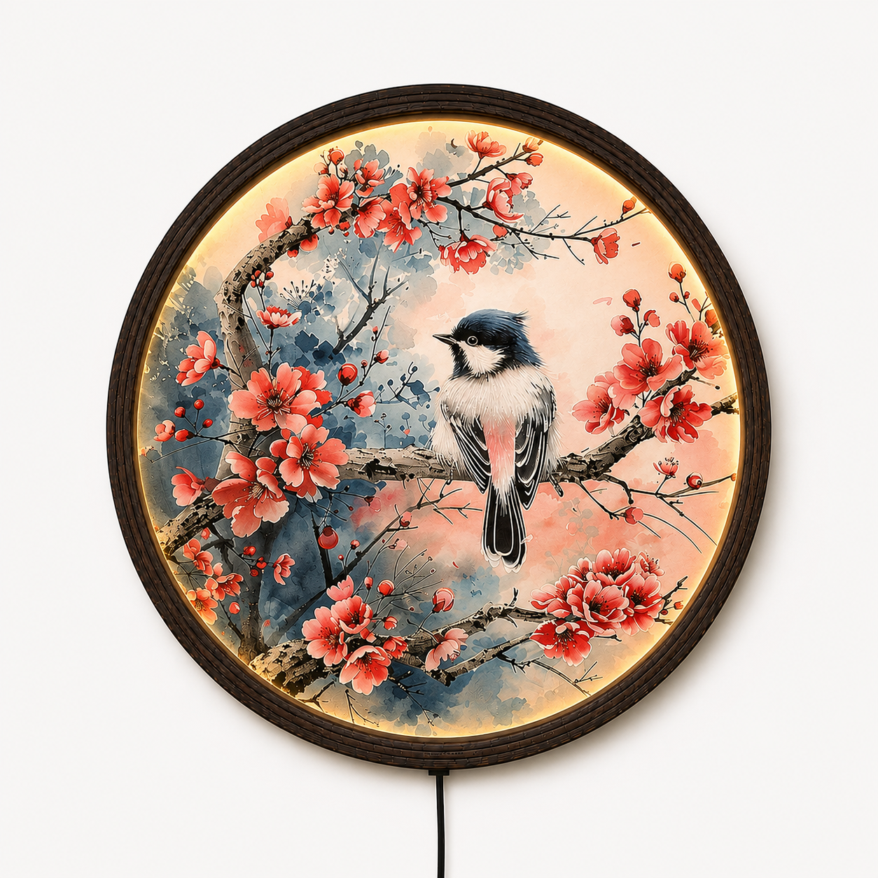 Japanese Sakura Bird LED Wall Art – Round Cherry Blossom Lighted Home Decor