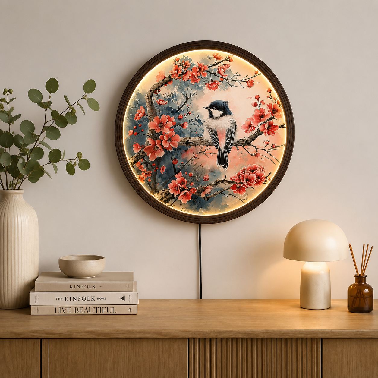 Japanese Sakura Bird LED Wall Art – Round Cherry Blossom Lighted Home Decor