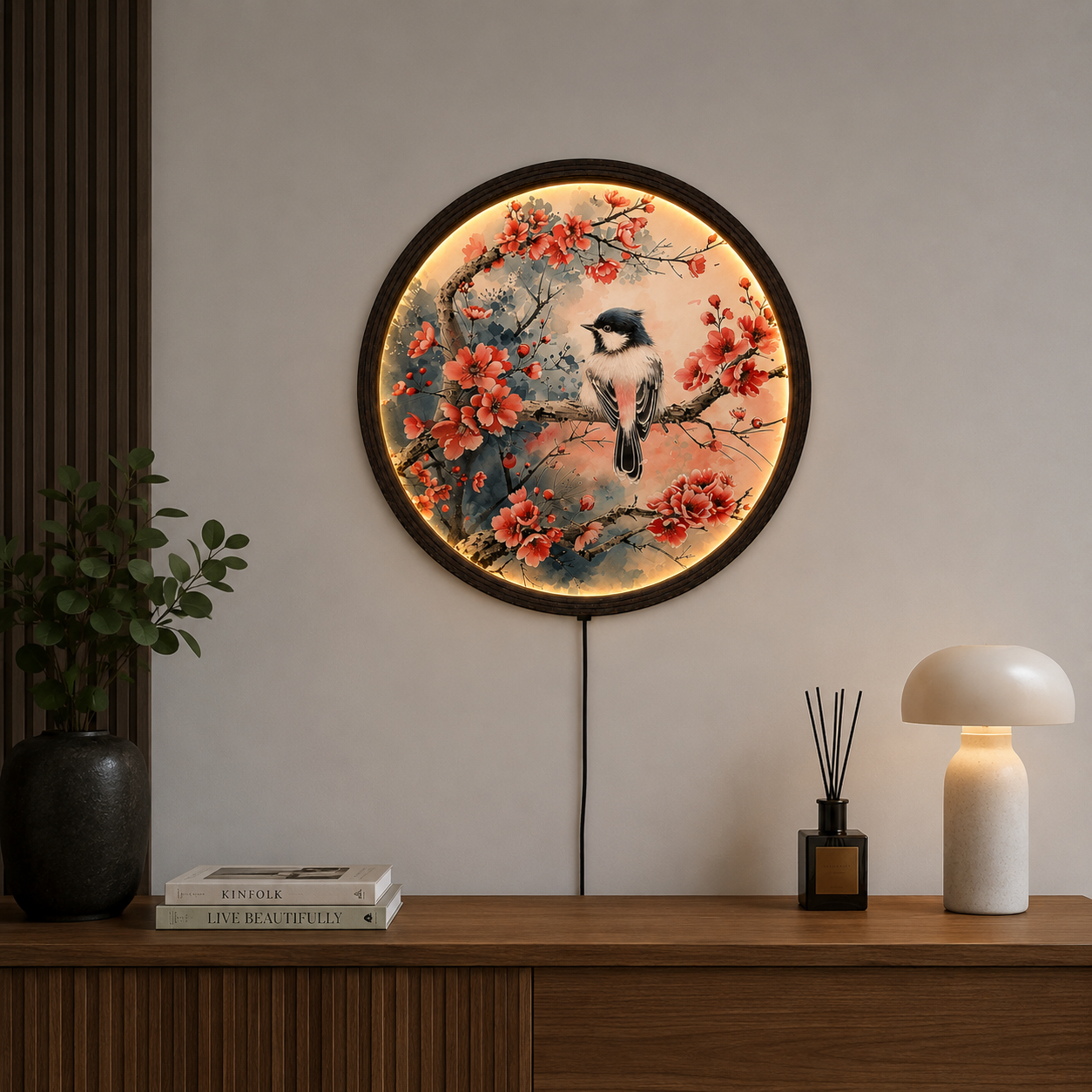 Japanese Sakura Bird LED Wall Art – Round Cherry Blossom Lighted Home Decor