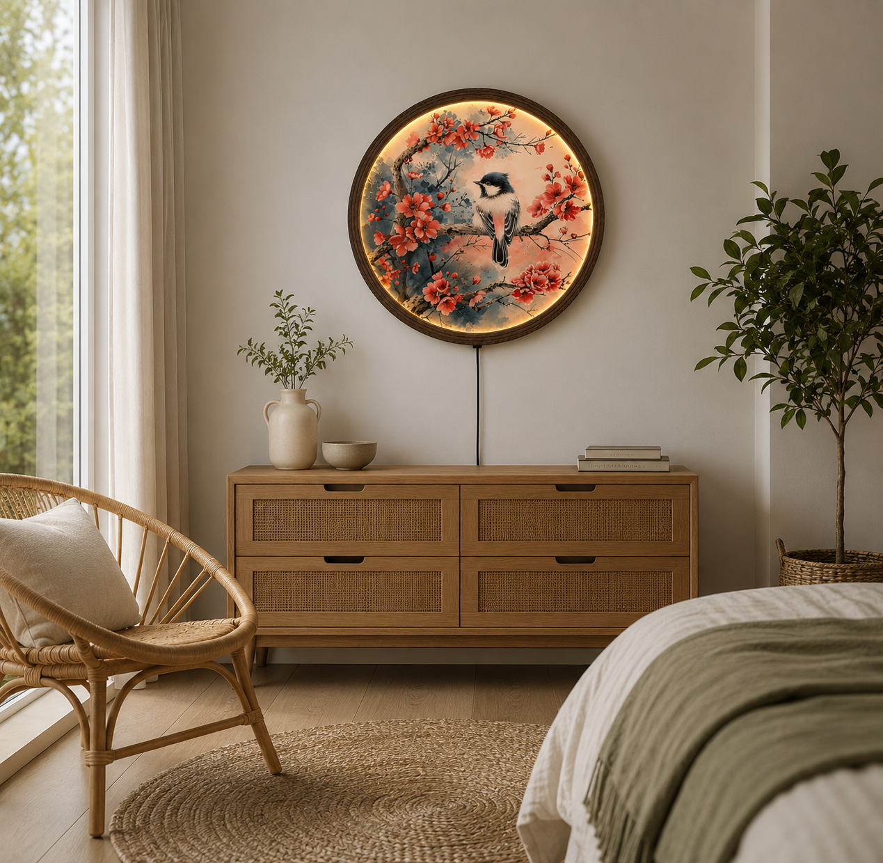 Japanese Sakura Bird LED Wall Art – Round Cherry Blossom Lighted Home Decor