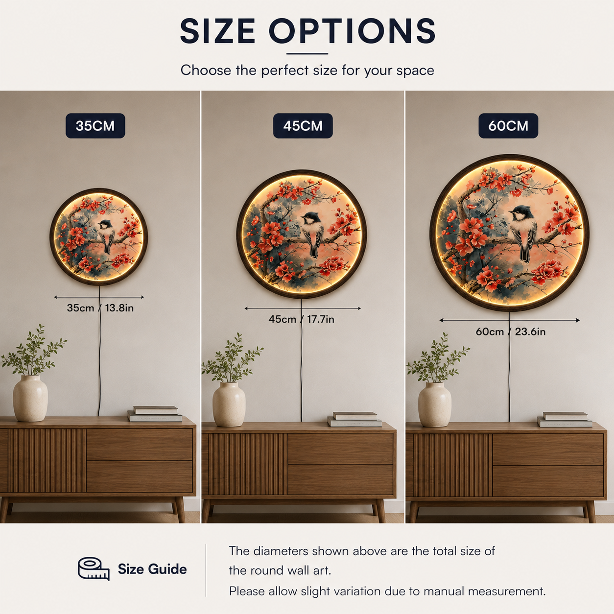 Japanese Sakura Bird LED Wall Art – Round Cherry Blossom Lighted Home Decor