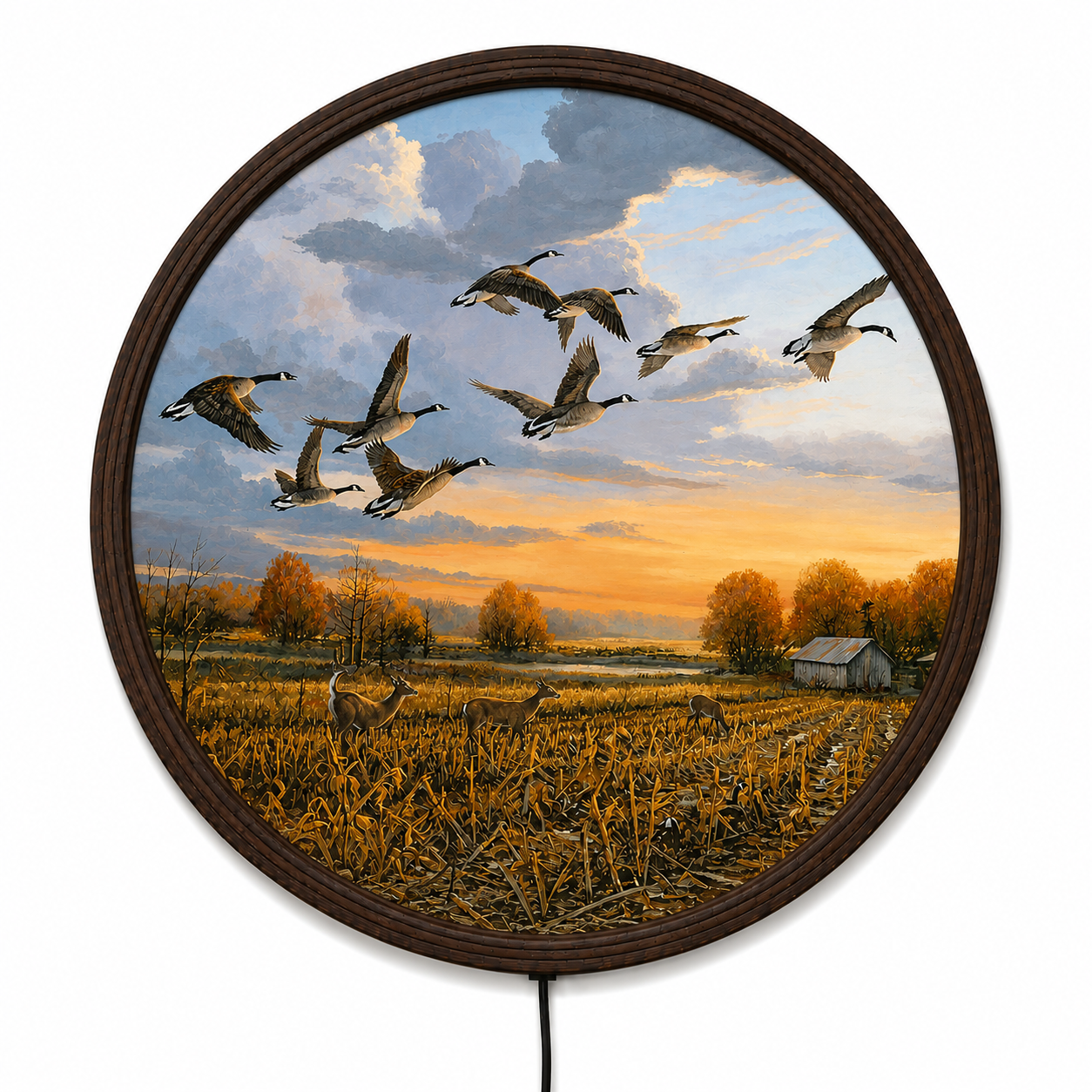 Flying Geese Sunset LED Round Wall Art – Rustic Farmhouse Home Decor