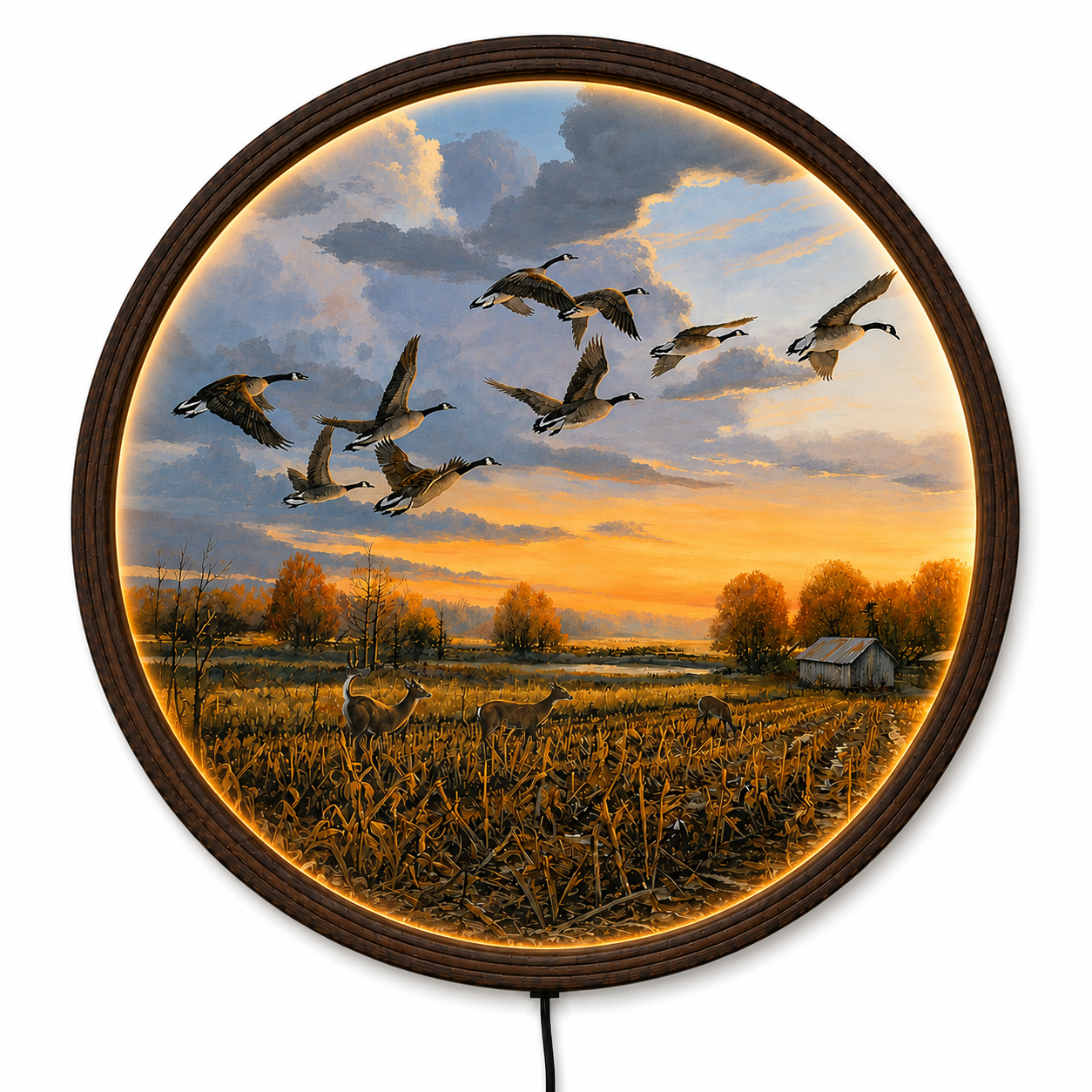 Flying Geese Sunset LED Round Wall Art – Rustic Farmhouse Home Decor